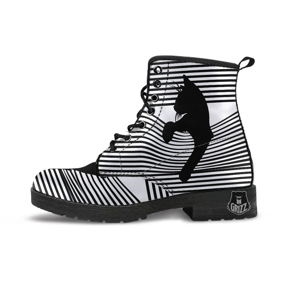 Striped Black Cat Print Leather Boots-grizzshop