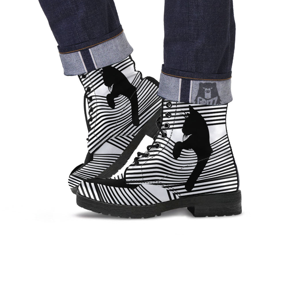 Striped Black Cat Print Leather Boots-grizzshop
