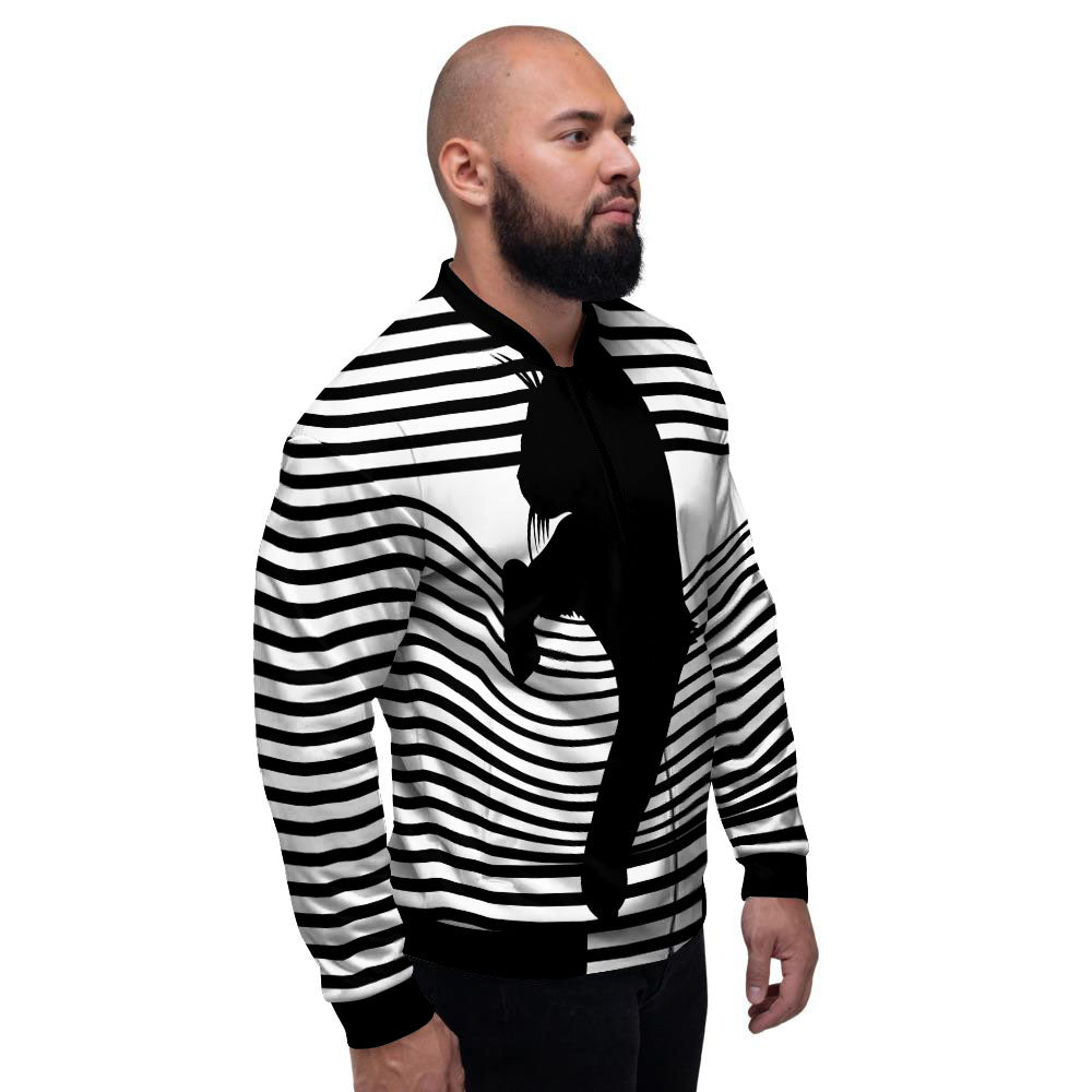 Striped Black Cat Print Men's Bomber Jacket-grizzshop