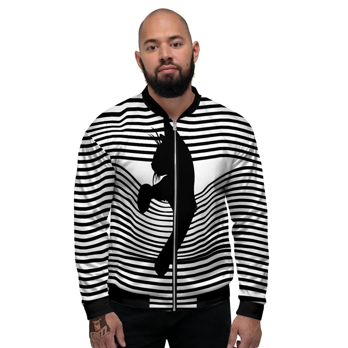 Striped Black Cat Print Men's Bomber Jacket-grizzshop