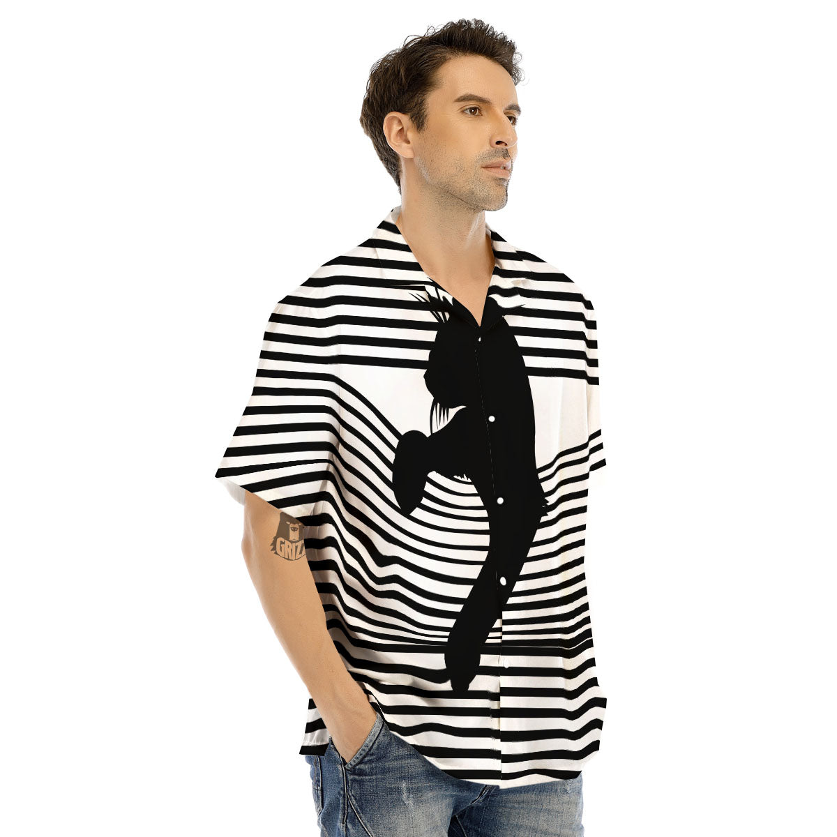 Striped Black Cat Print Men's Hawaiian Shirt-grizzshop