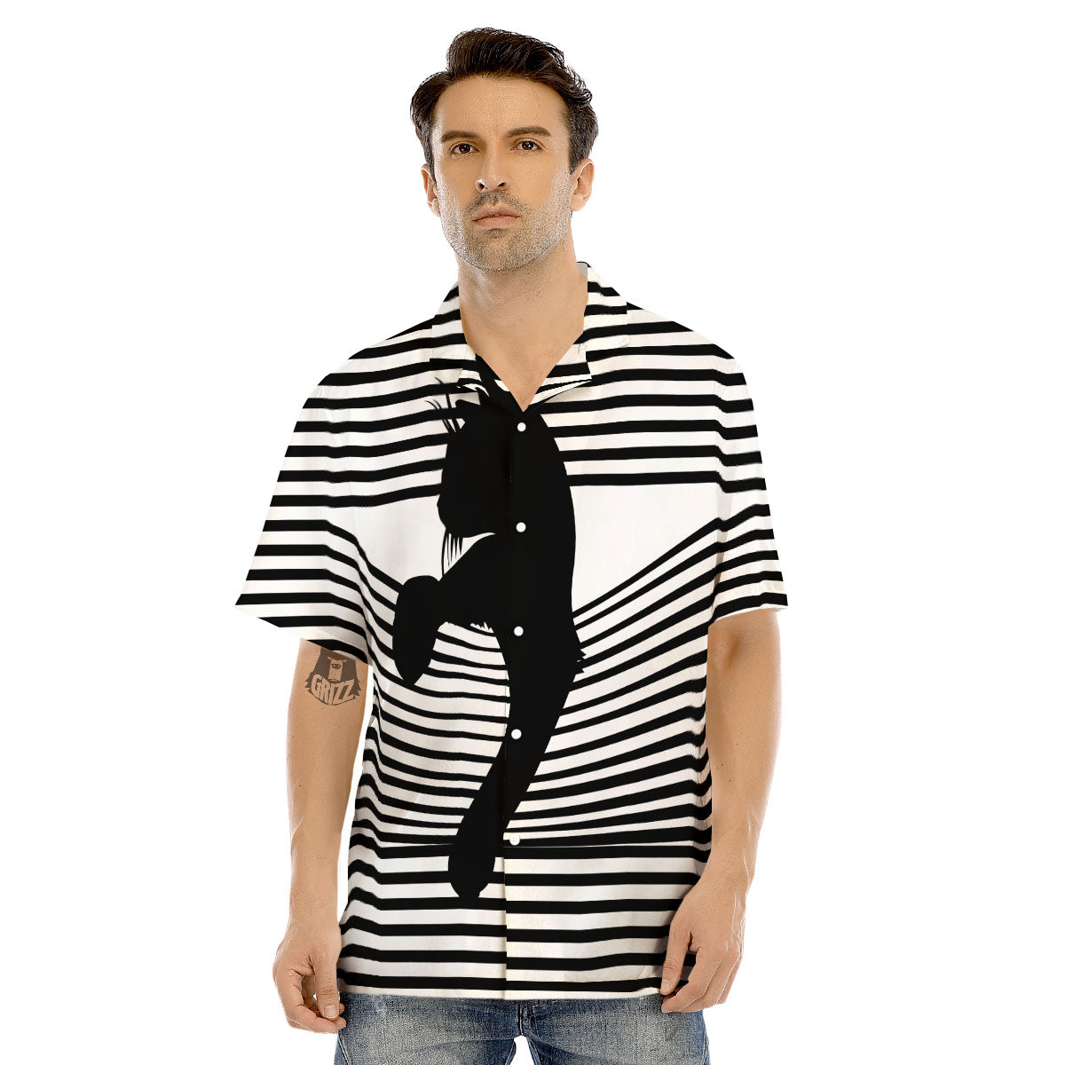 Striped Black Cat Print Men's Hawaiian Shirt-grizzshop