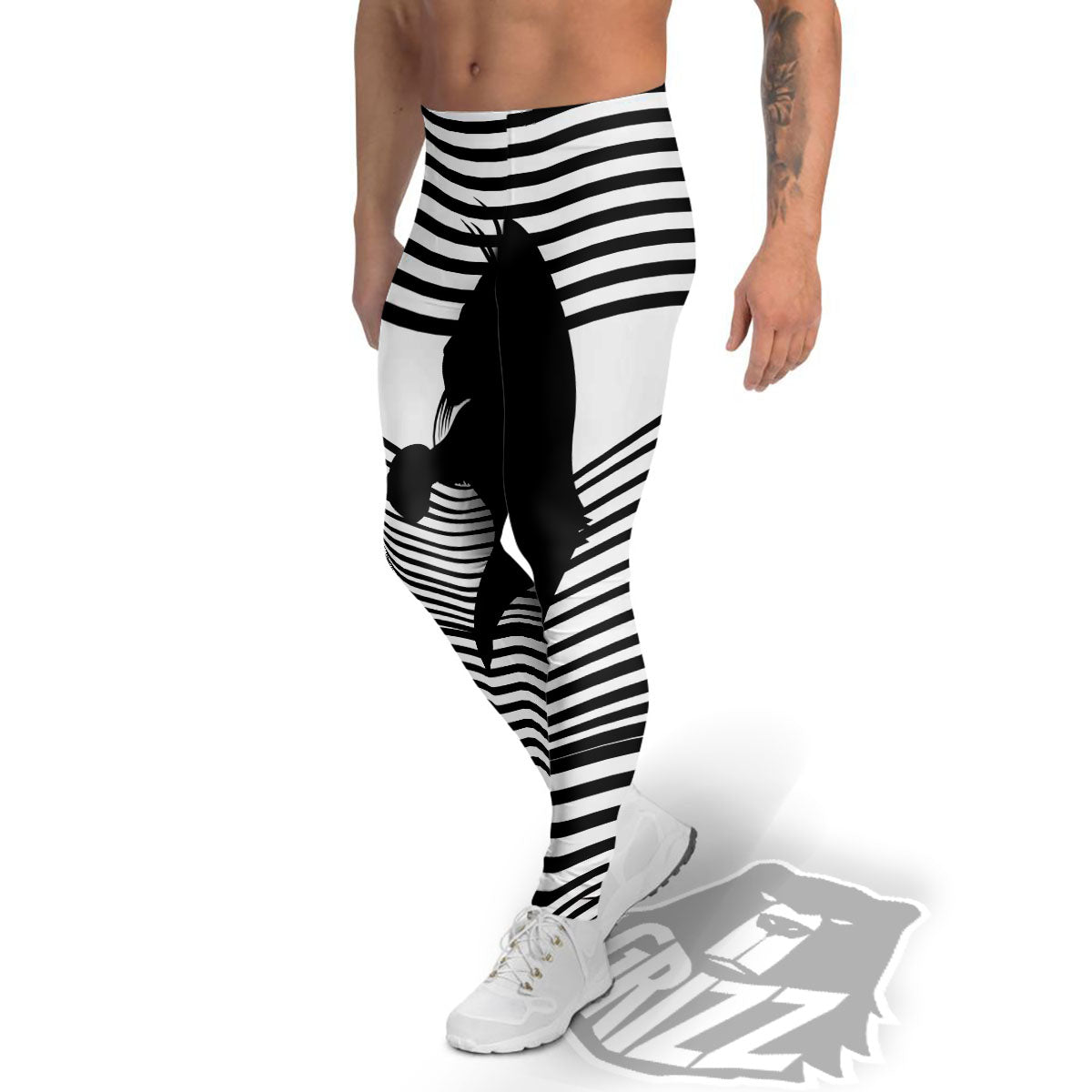 Striped Black Cat Print Men's Leggings-grizzshop