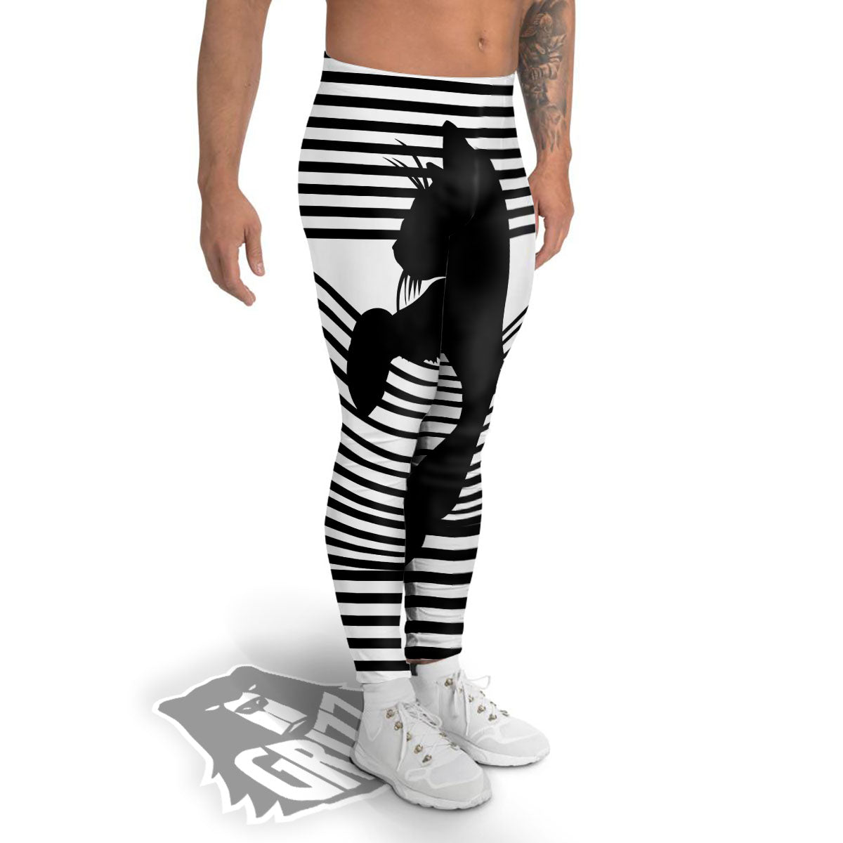 Striped Black Cat Print Men's Leggings-grizzshop