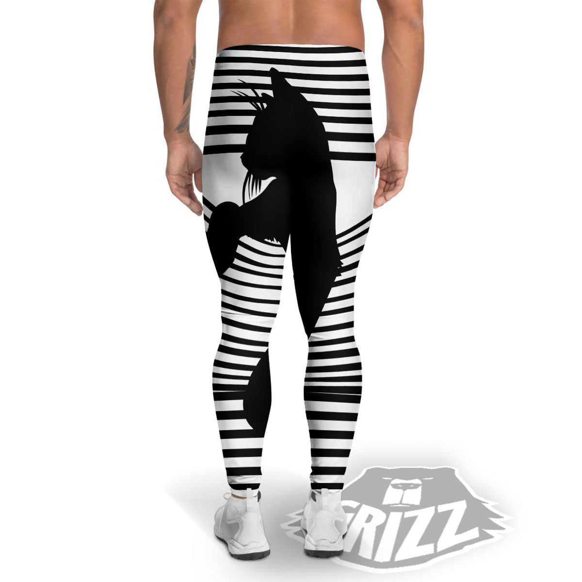 Striped Black Cat Print Men's Leggings-grizzshop