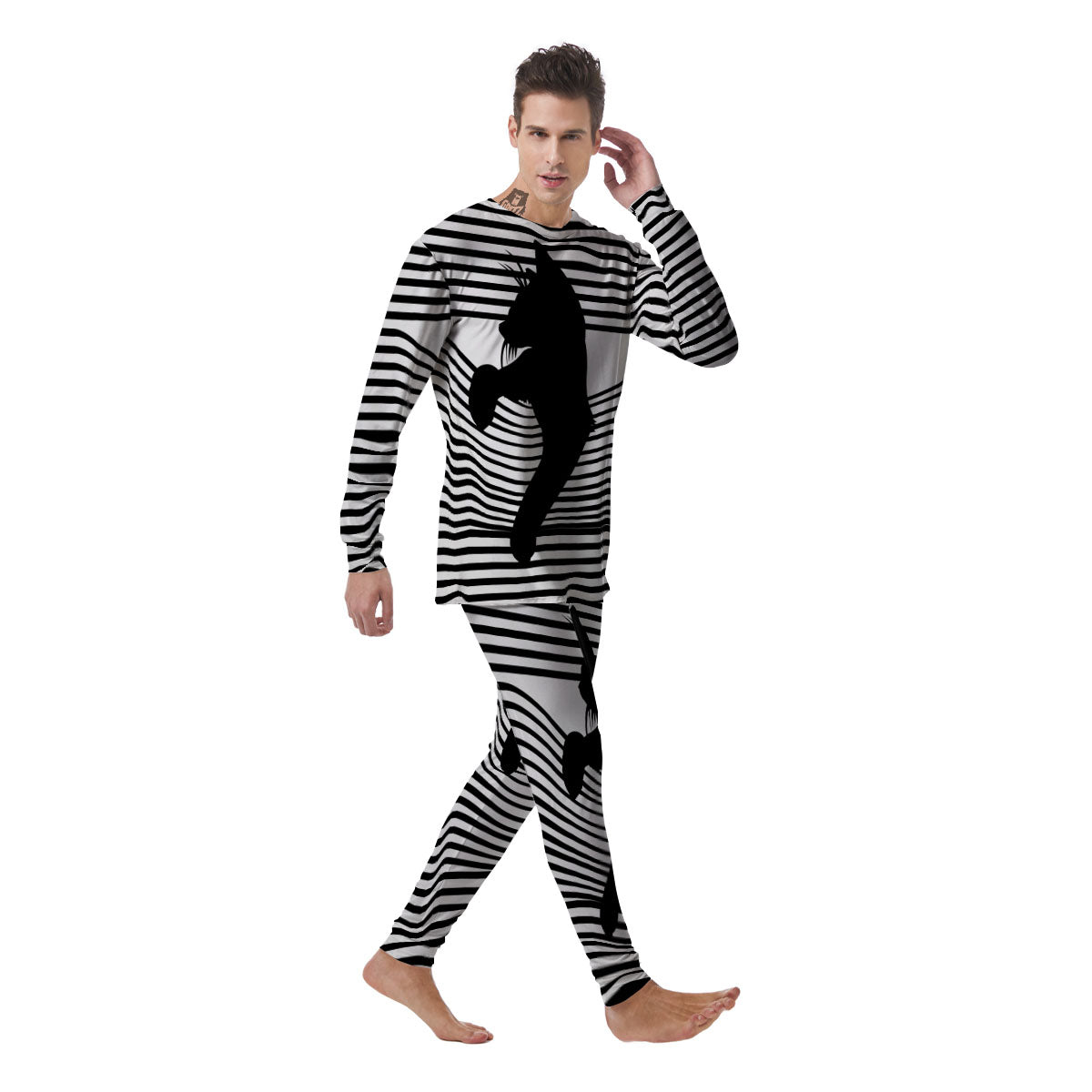 Striped Black Cat Print Men's Pajamas-grizzshop