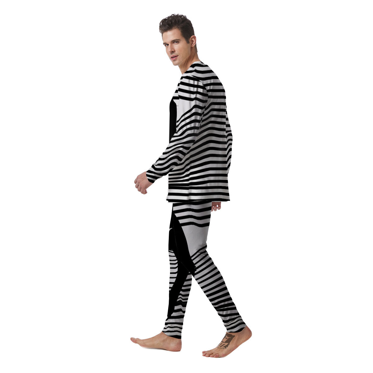 Striped Black Cat Print Men's Pajamas-grizzshop