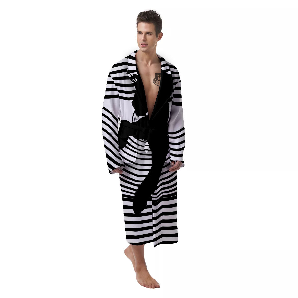 Striped Black Cat Print Men's Robe-grizzshop