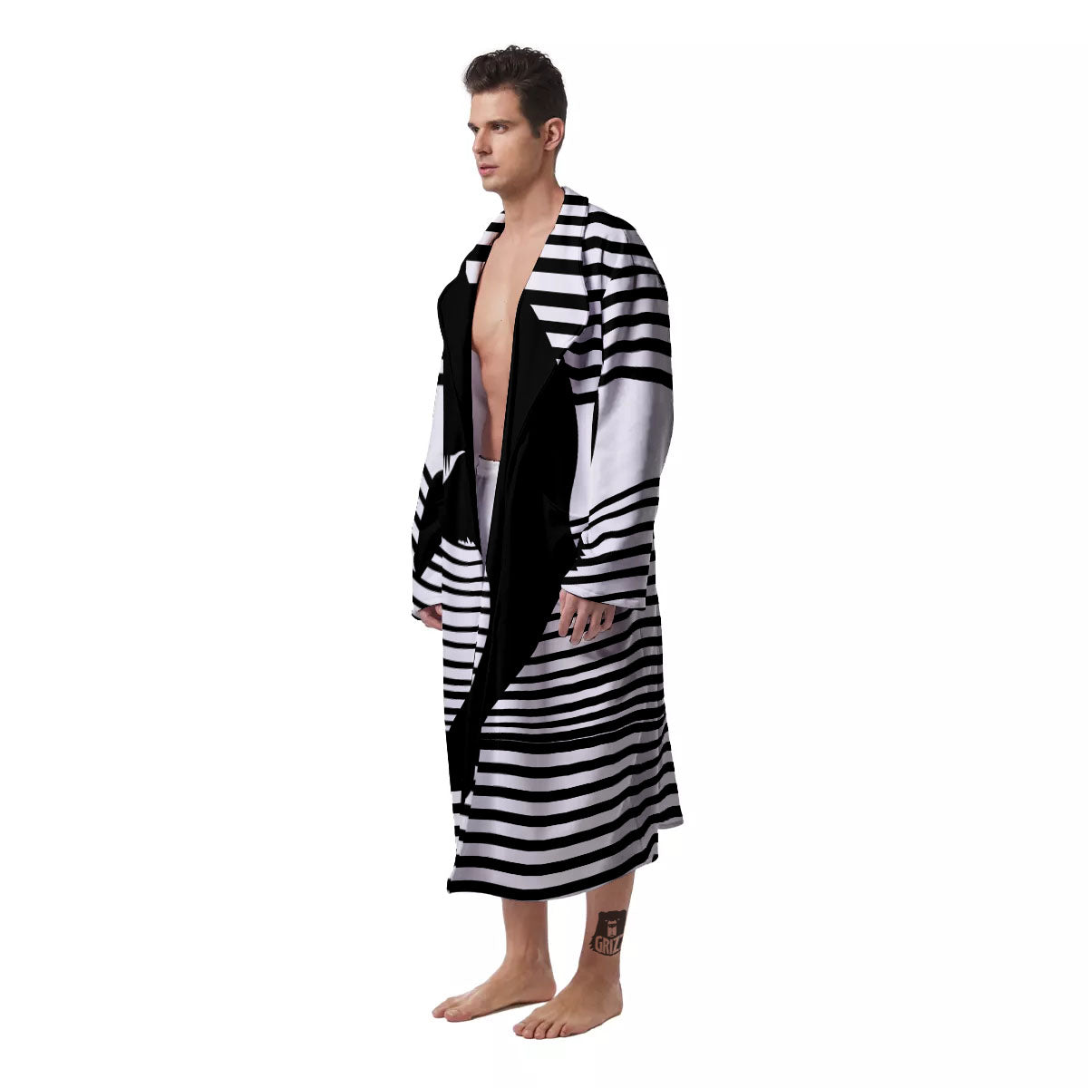 Striped Black Cat Print Men's Robe-grizzshop