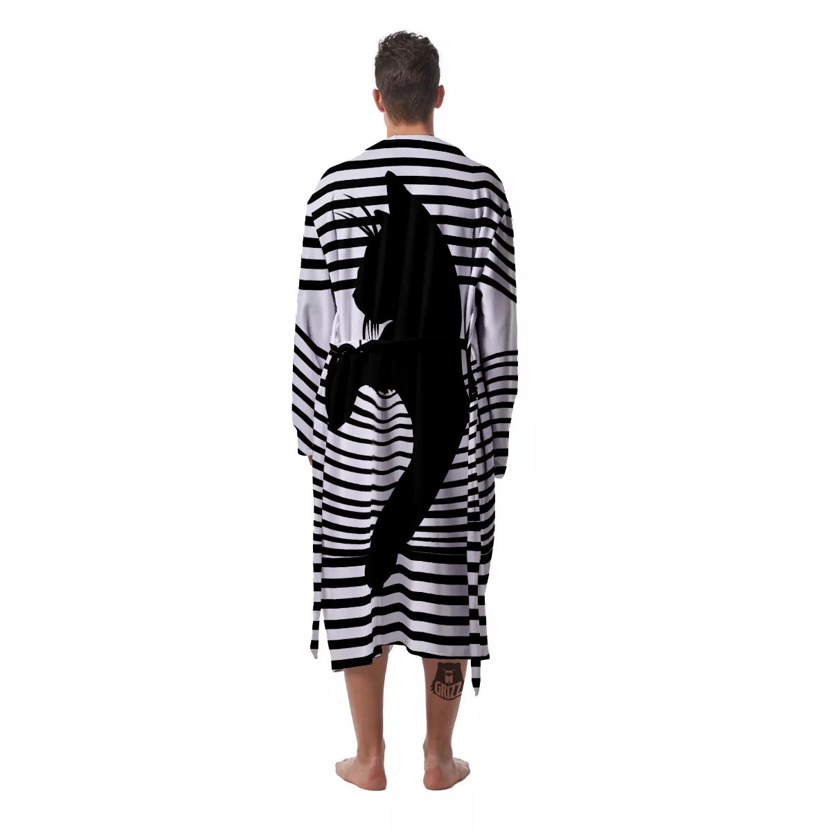 Striped Black Cat Print Men's Robe-grizzshop