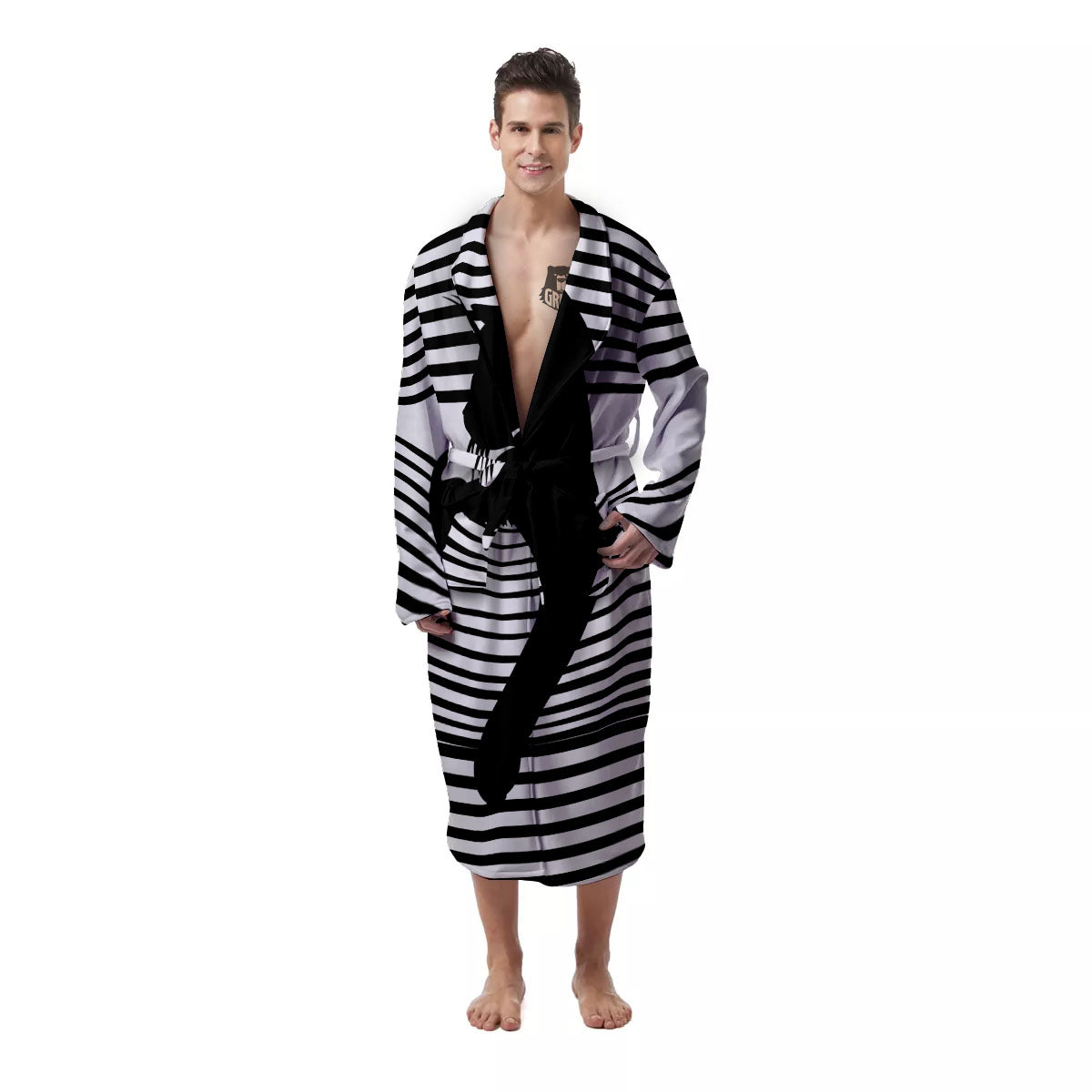 Striped Black Cat Print Men's Robe-grizzshop