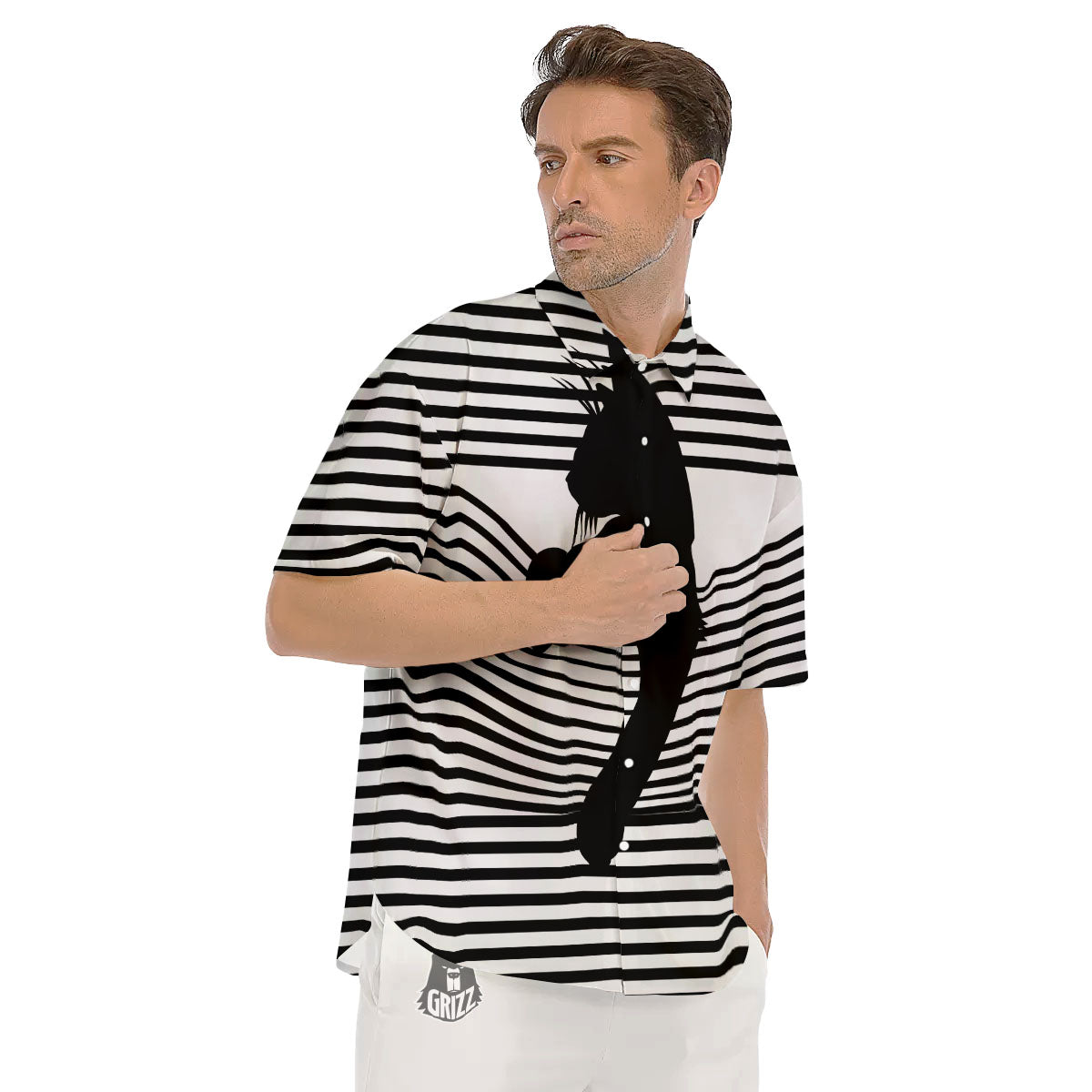 Striped Black Cat Print Men's Short Sleeve Shirts-grizzshop