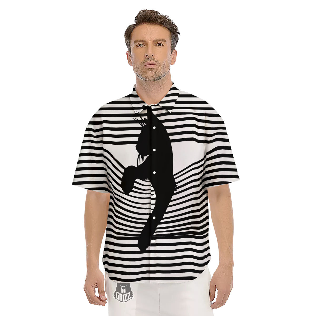 Striped Black Cat Print Men's Short Sleeve Shirts-grizzshop
