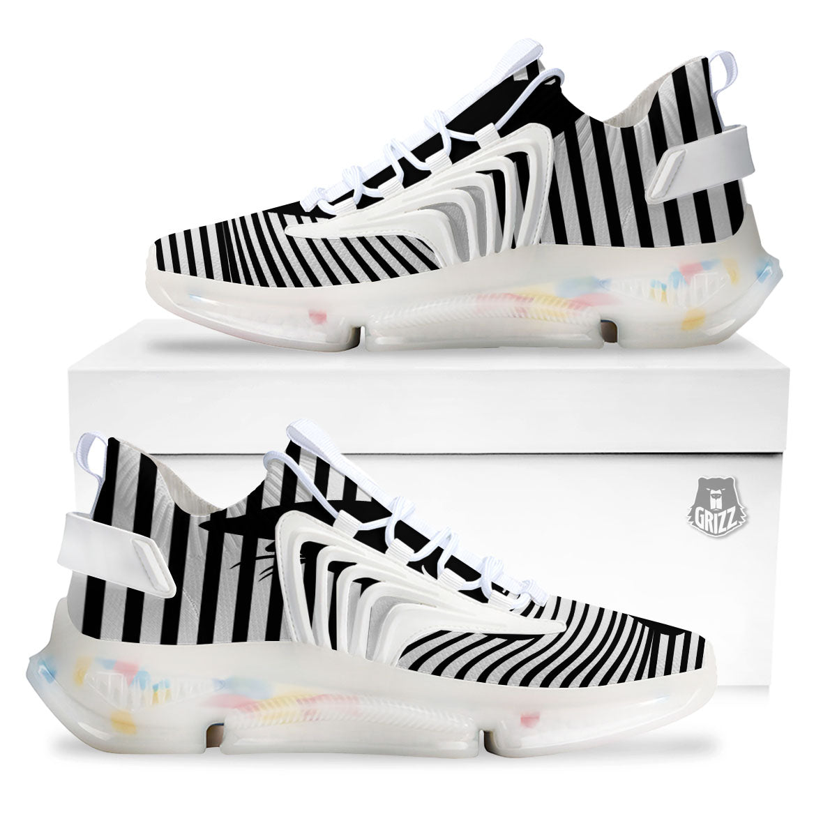 Striped Black Cat Print White Gym Shoes-grizzshop