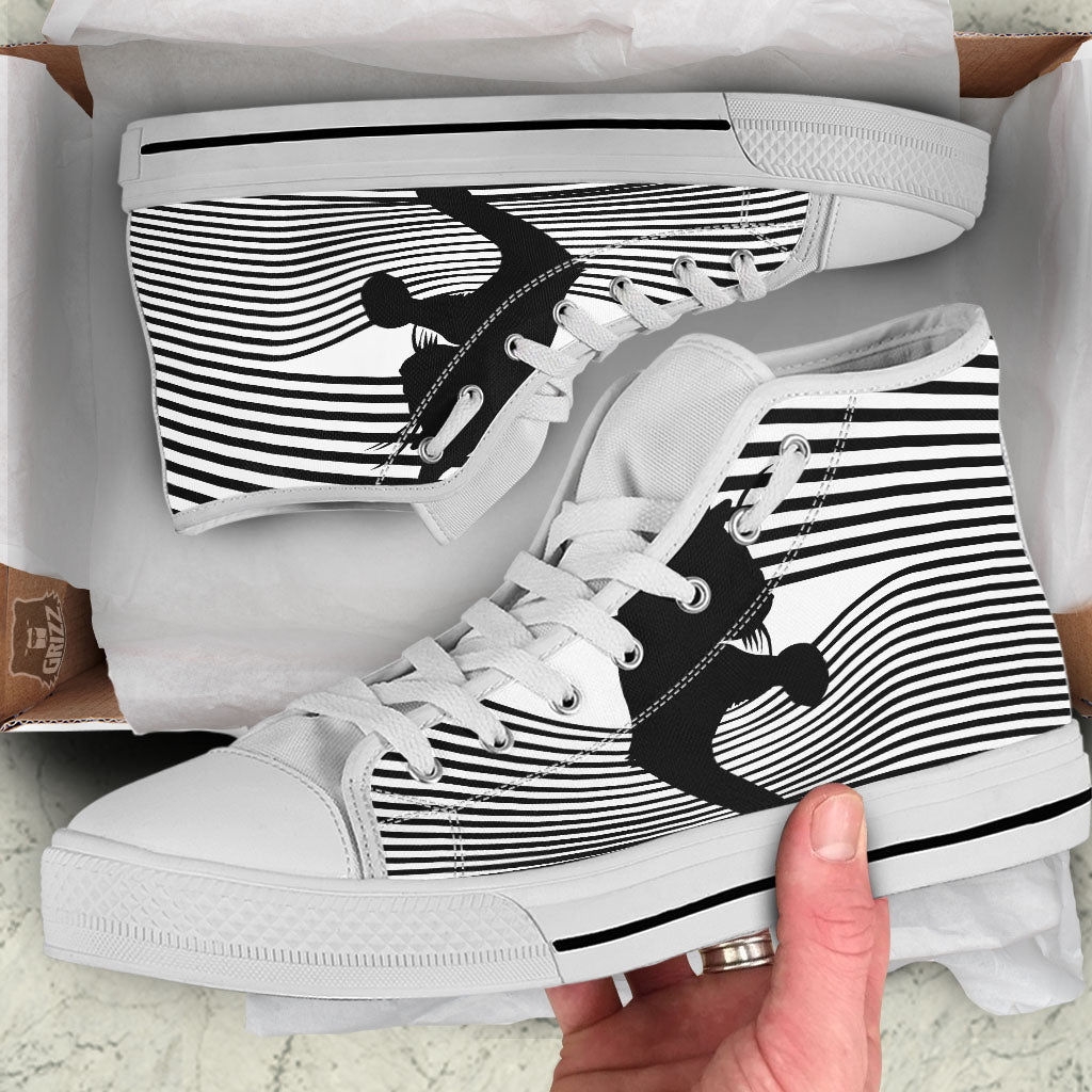 Striped Black Cat Print White High Top Shoes-grizzshop