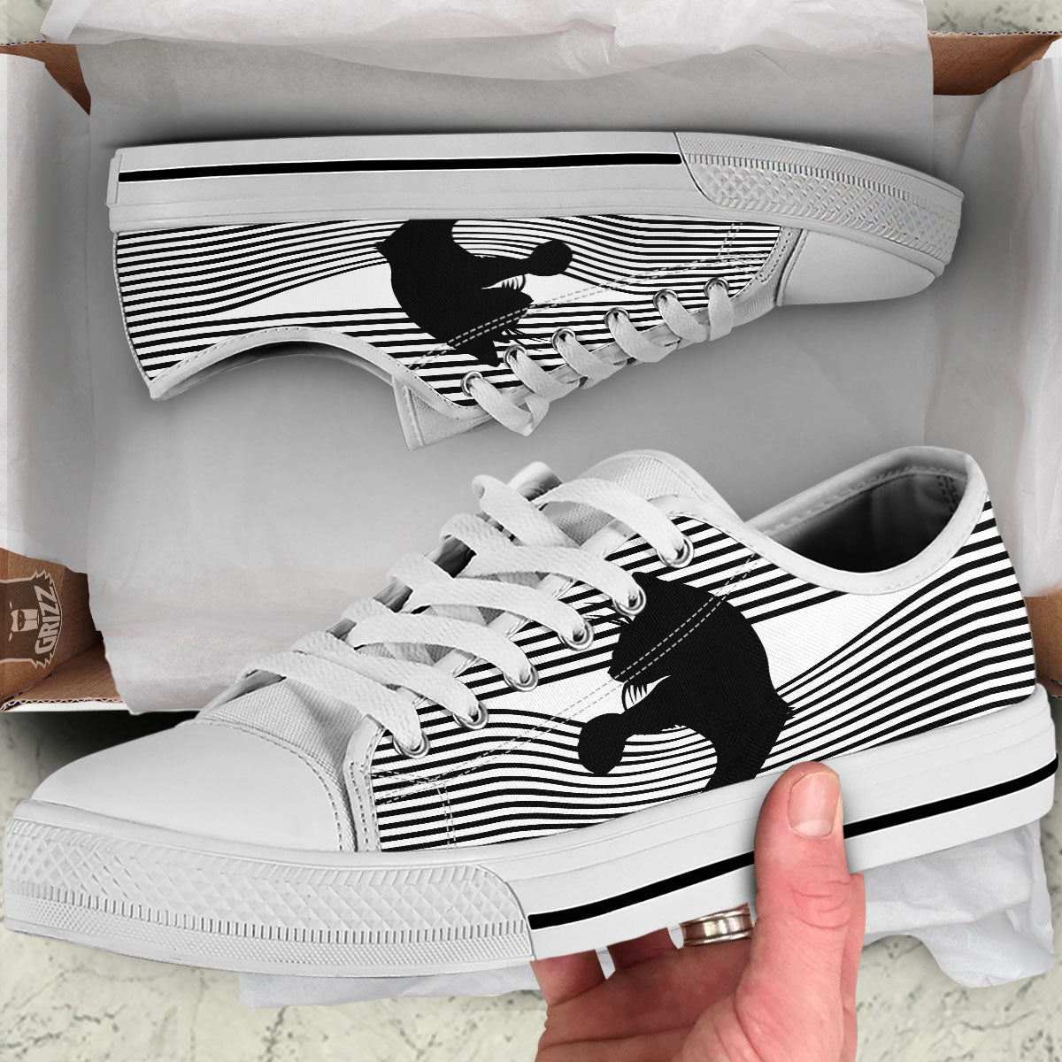 Striped Black Cat Print White Low Top Shoes-grizzshop