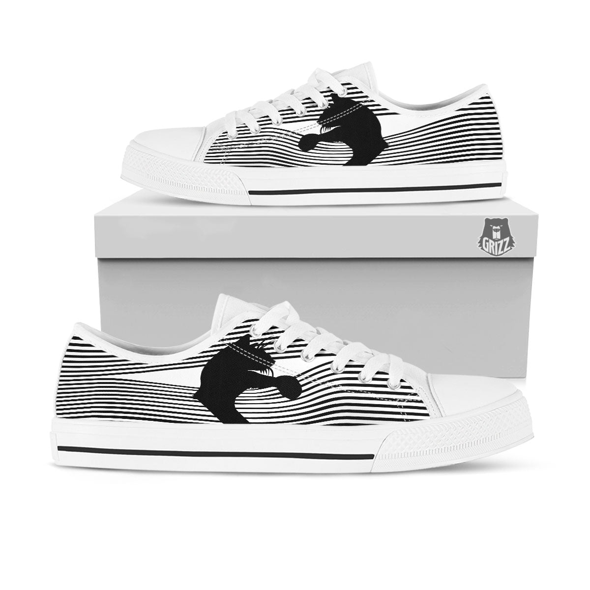 Striped Black Cat Print White Low Top Shoes-grizzshop