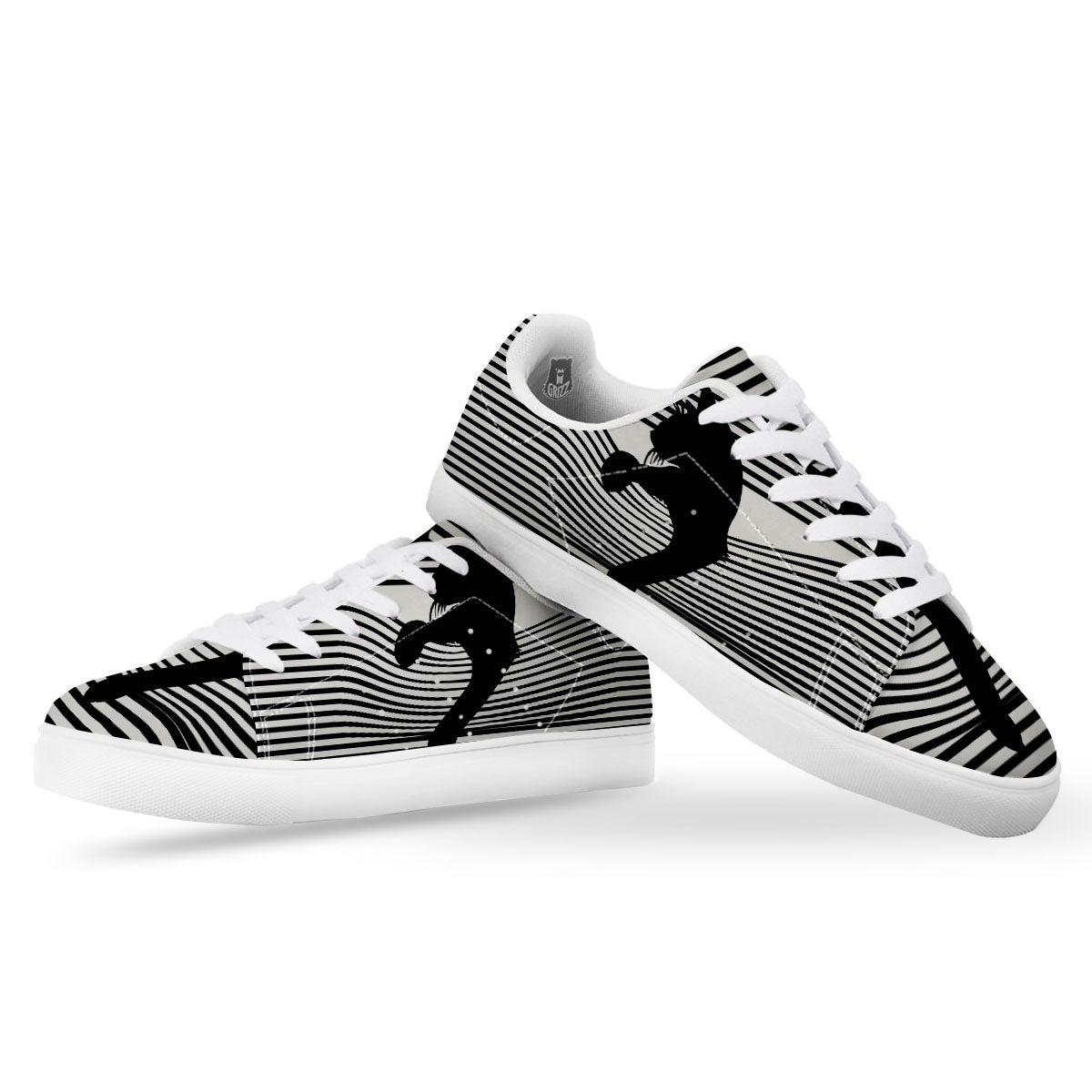 Striped Black Cat Print White Low Top Sneakers-grizzshop