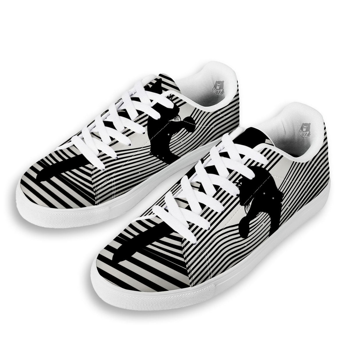 Striped Black Cat Print White Low Top Sneakers-grizzshop