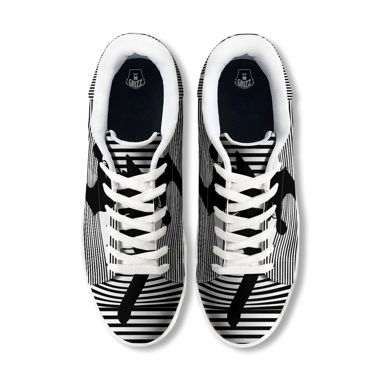 Striped Black Cat Print White Low Top Sneakers-grizzshop