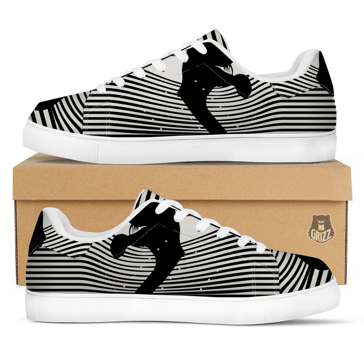 Striped Black Cat Print White Low Top Sneakers-grizzshop
