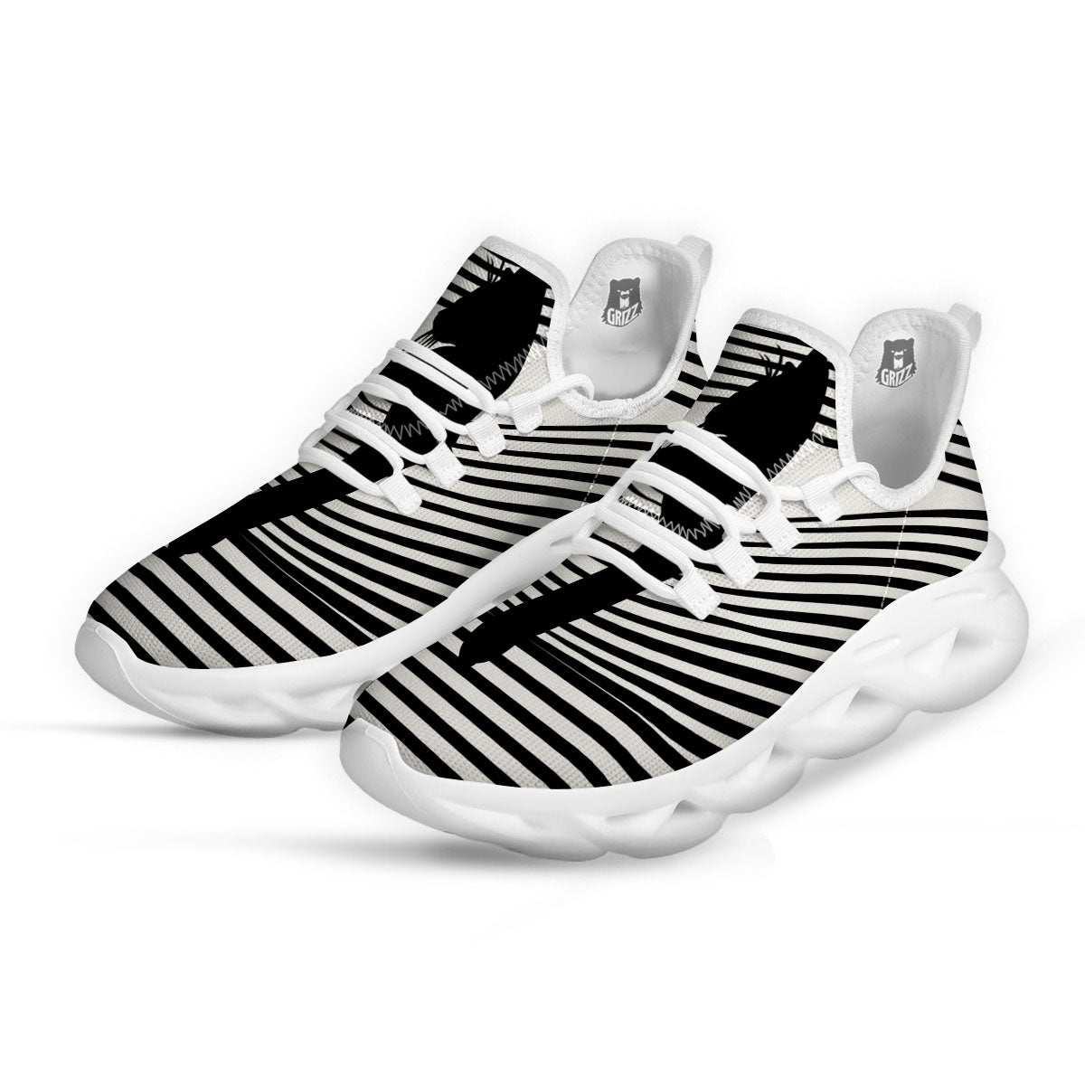 Striped Black Cat Print White Running Shoes-grizzshop