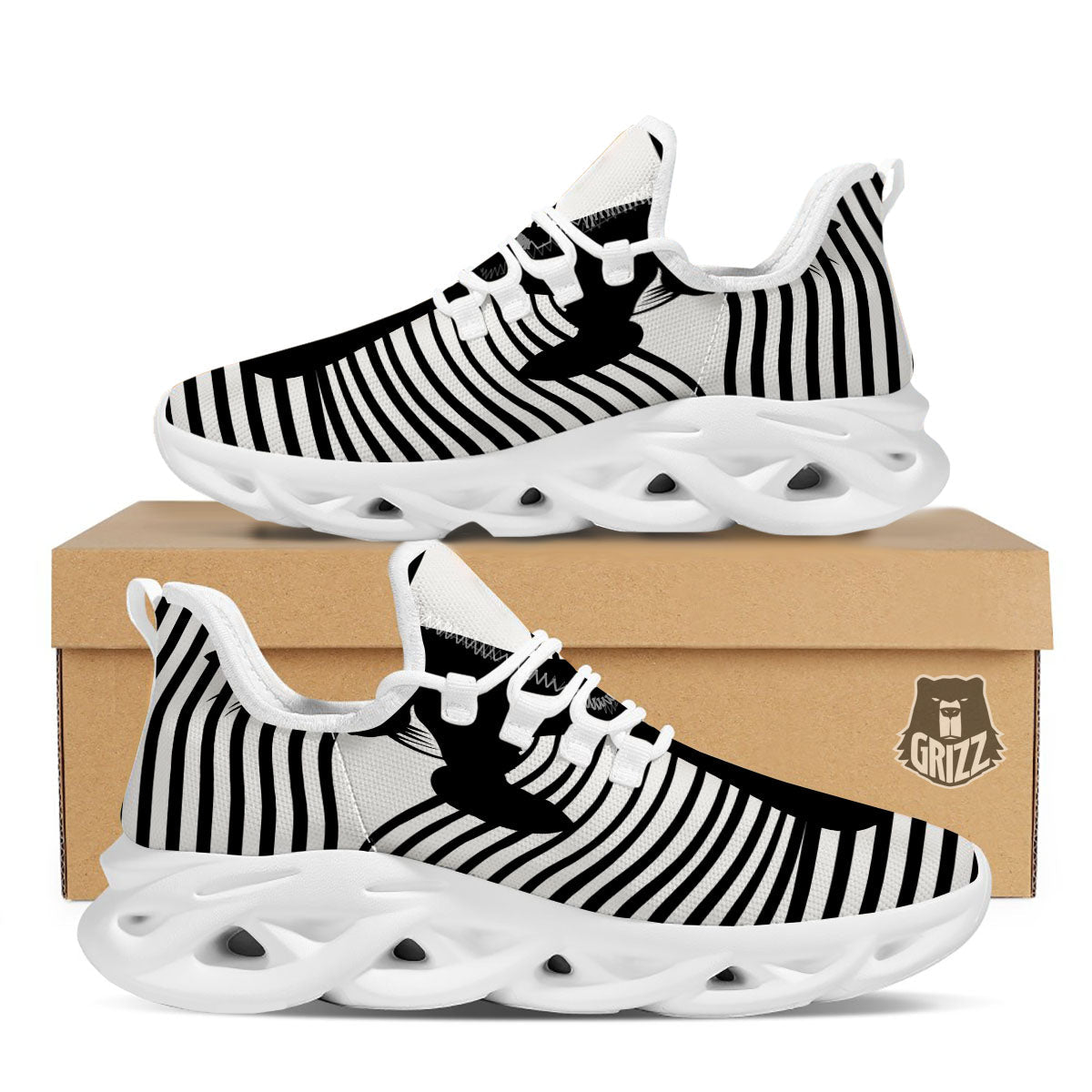 Striped Black Cat Print White Running Shoes-grizzshop