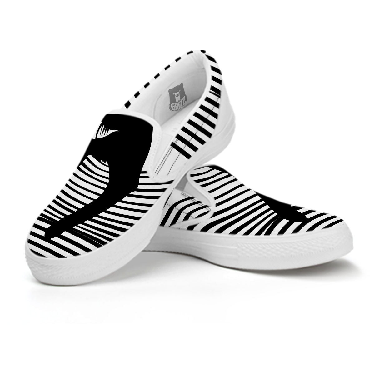 Striped Black Cat Print White Slip On Shoes-grizzshop