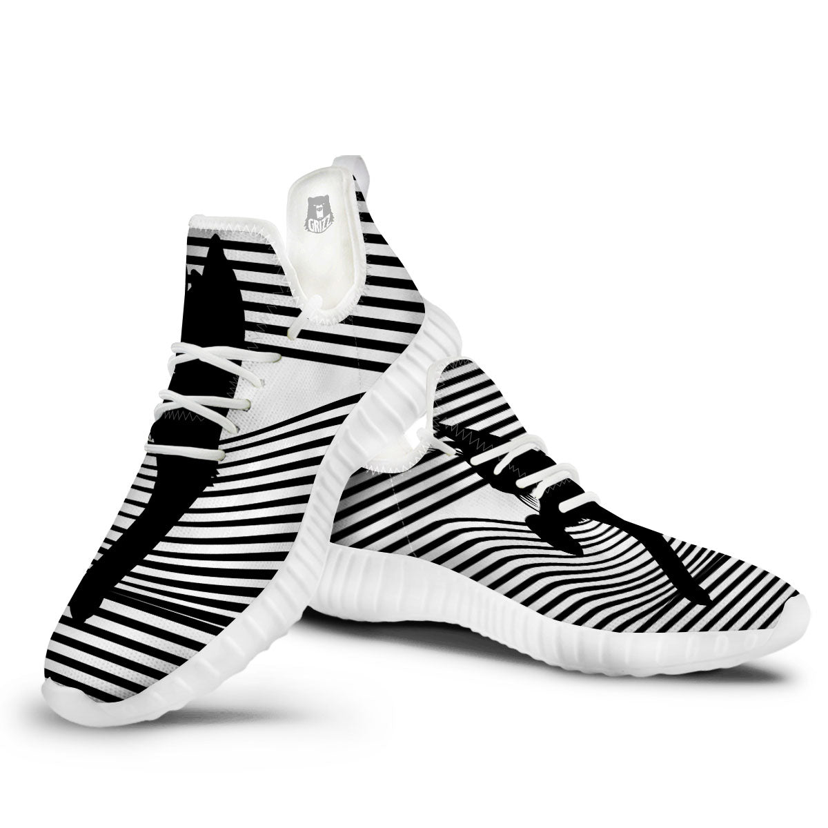 Striped Black Cat Print White Walking Shoes-grizzshop