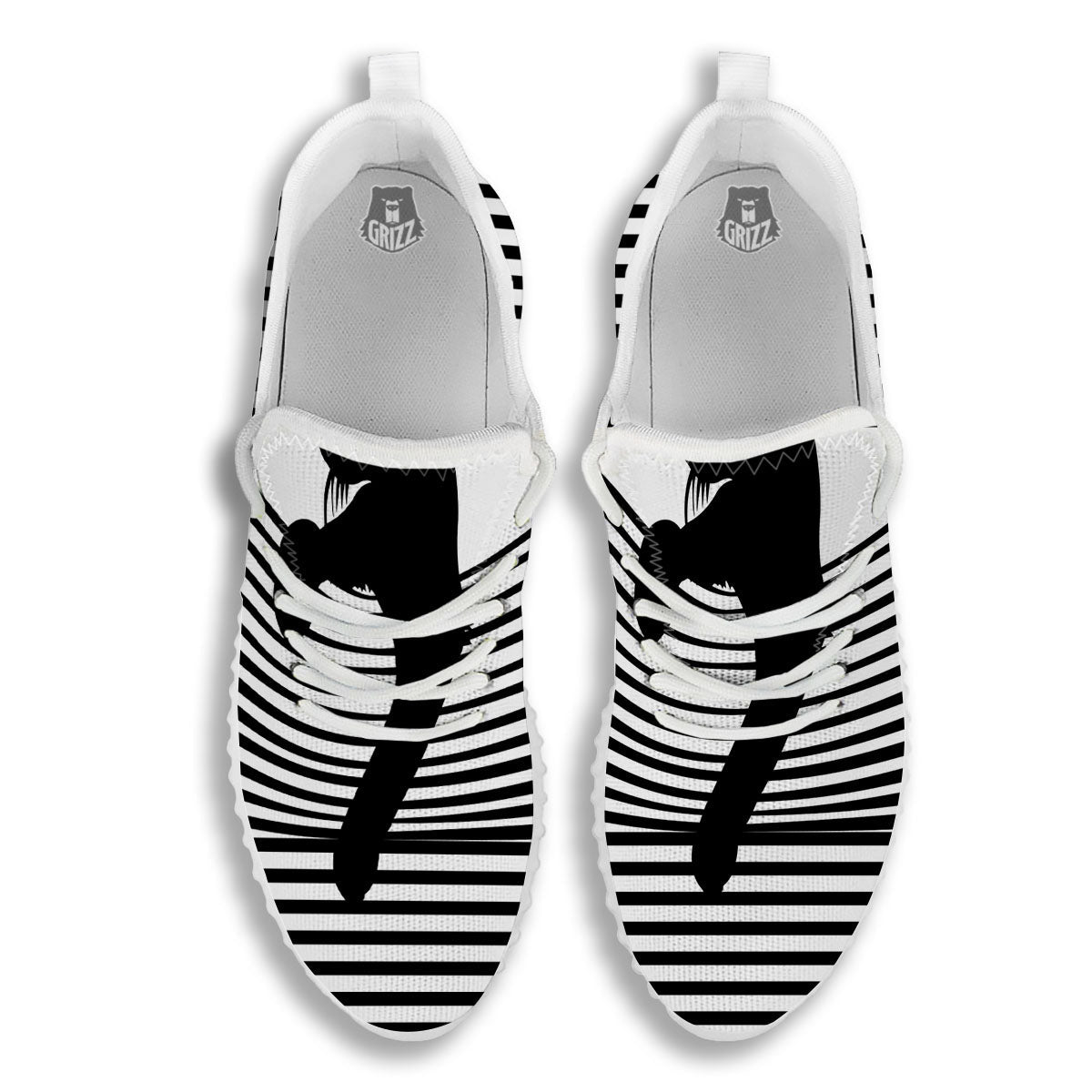 Striped Black Cat Print White Walking Shoes-grizzshop