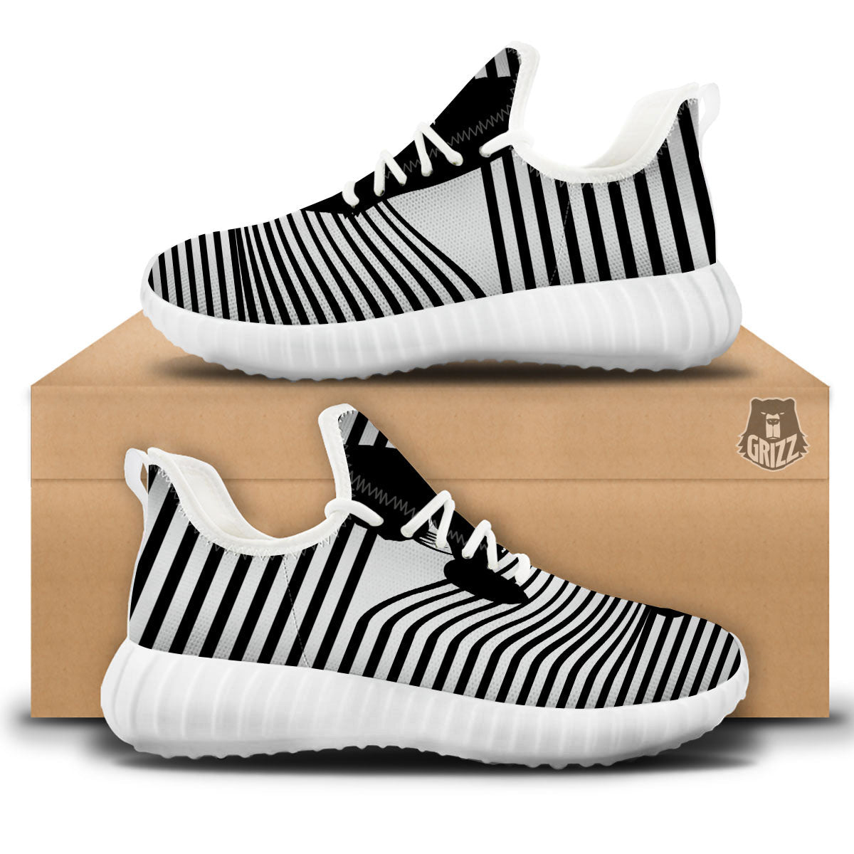 Striped Black Cat Print White Walking Shoes-grizzshop