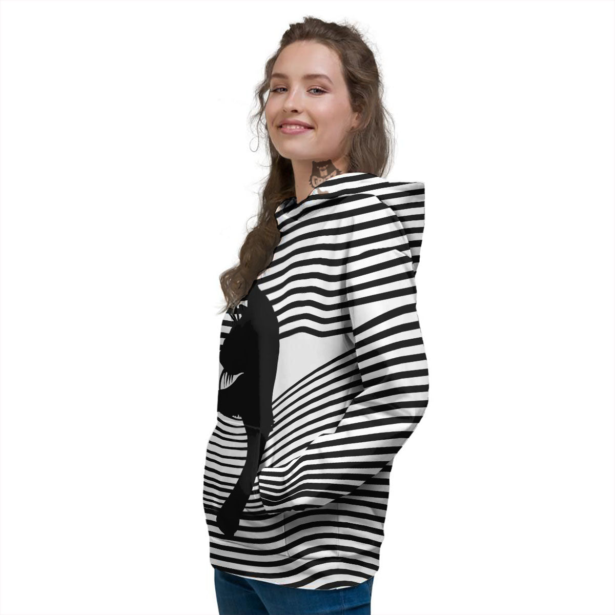 Striped Black Cat Print Women's Hoodie-grizzshop