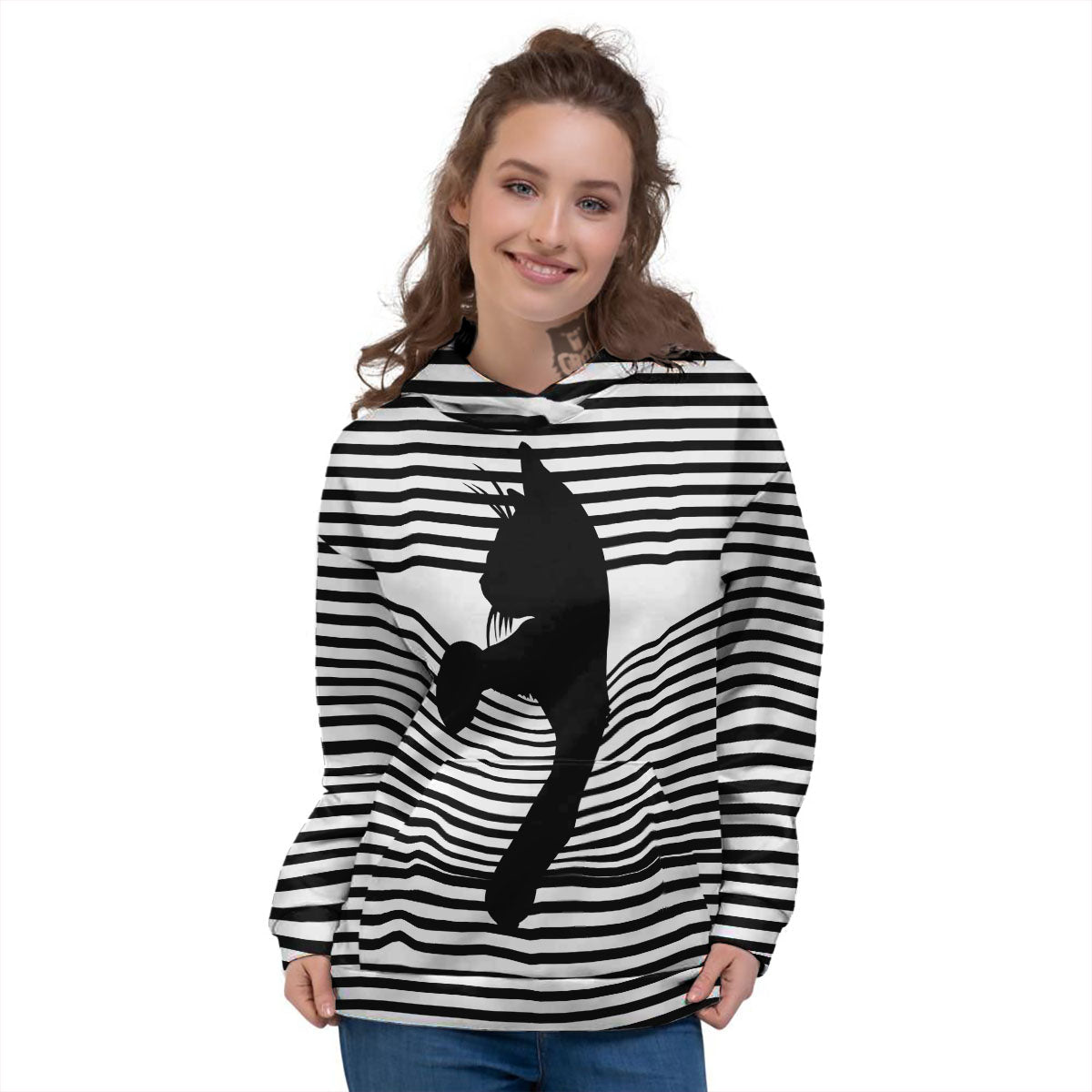 Striped Black Cat Print Women's Hoodie-grizzshop