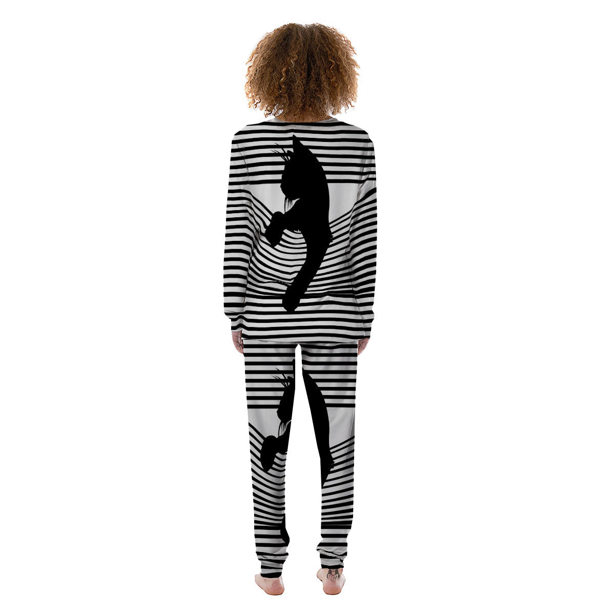Striped Black Cat Print Women's Pajamas-grizzshop