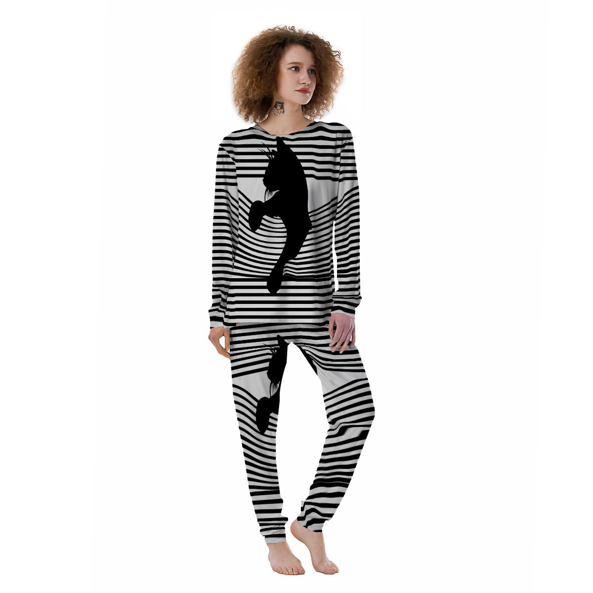 Striped Black Cat Print Women's Pajamas-grizzshop