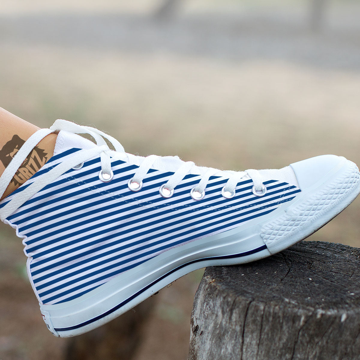 Striped Blue Print Pattern White High Top Shoes-grizzshop