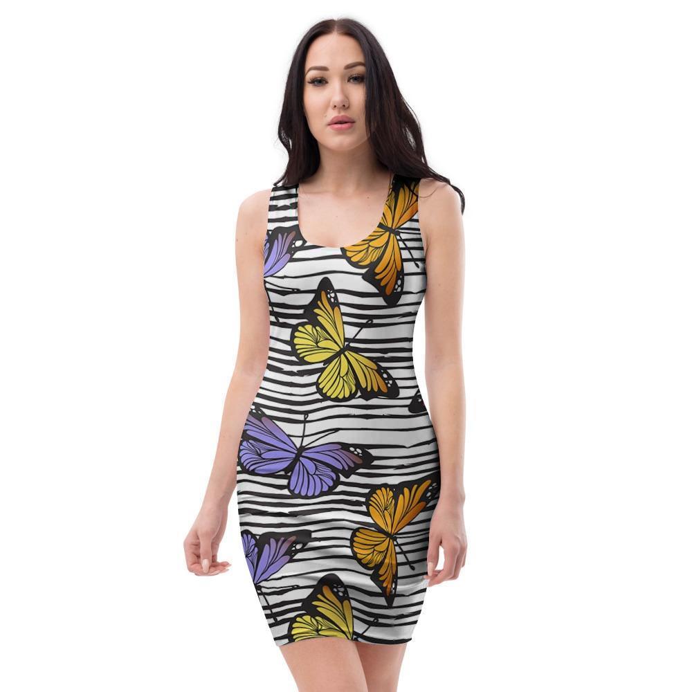 Striped Butterfly Print Bodycon Dress-grizzshop