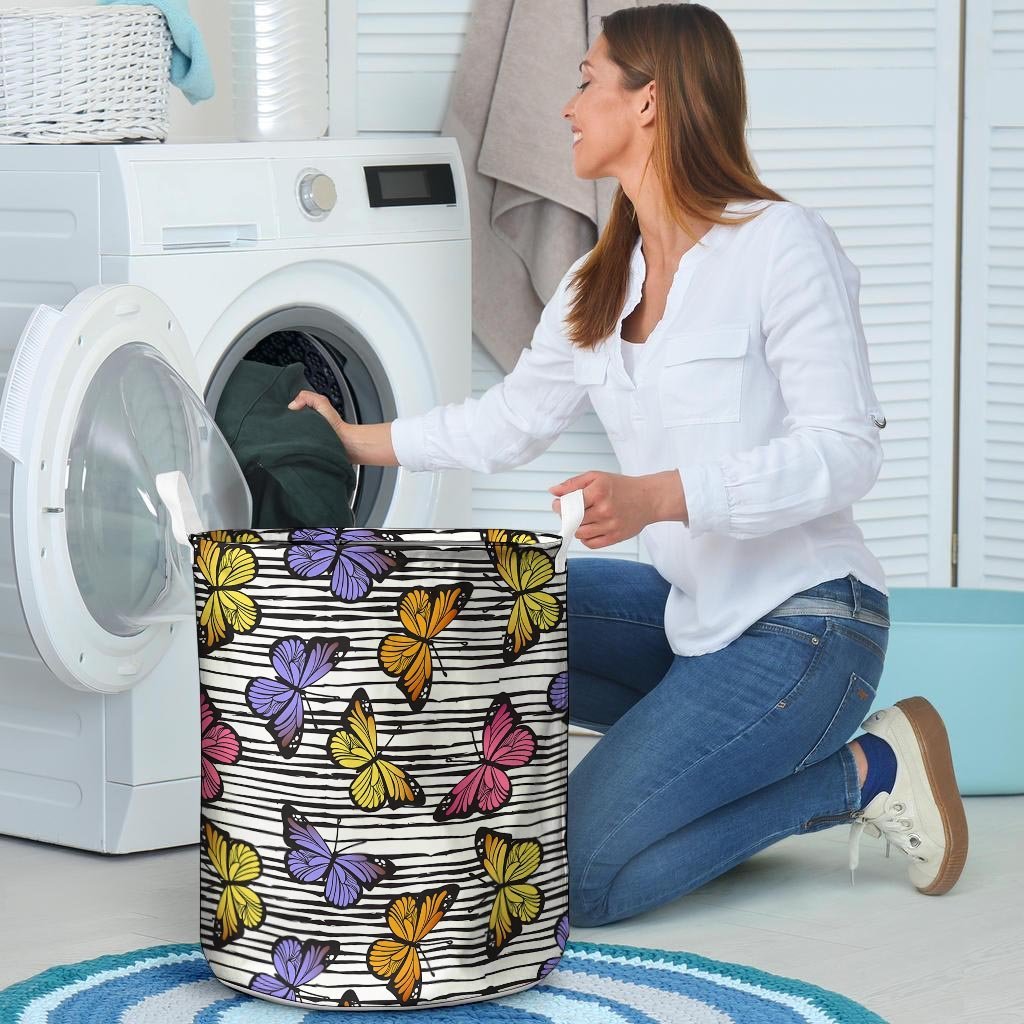 Striped Butterfly Print Laundry Basket-grizzshop