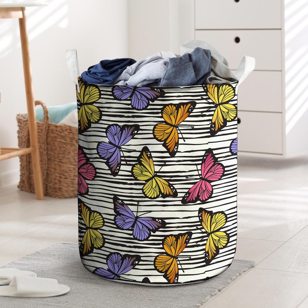 Striped Butterfly Print Laundry Basket-grizzshop