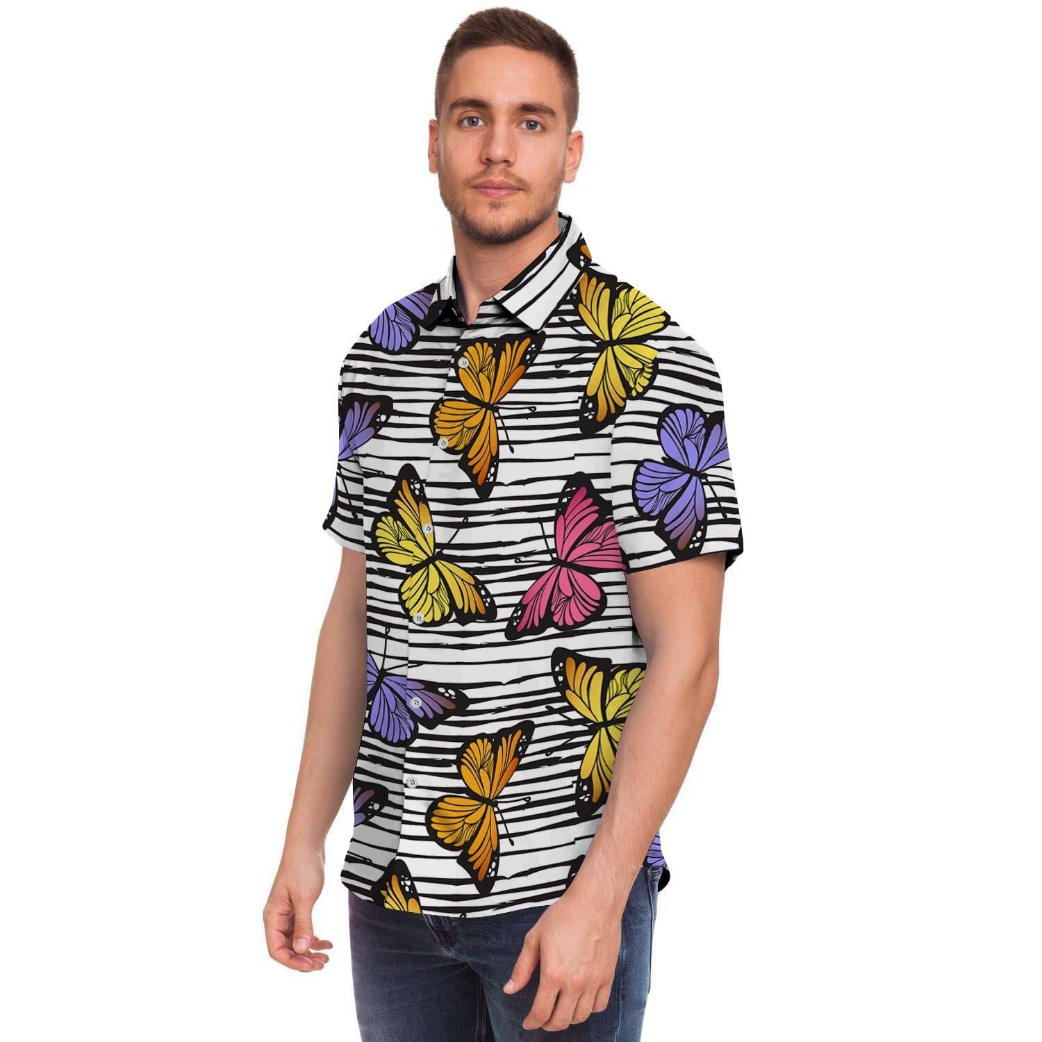 Striped Butterfly Print Men's Short Sleeve Shirt-grizzshop