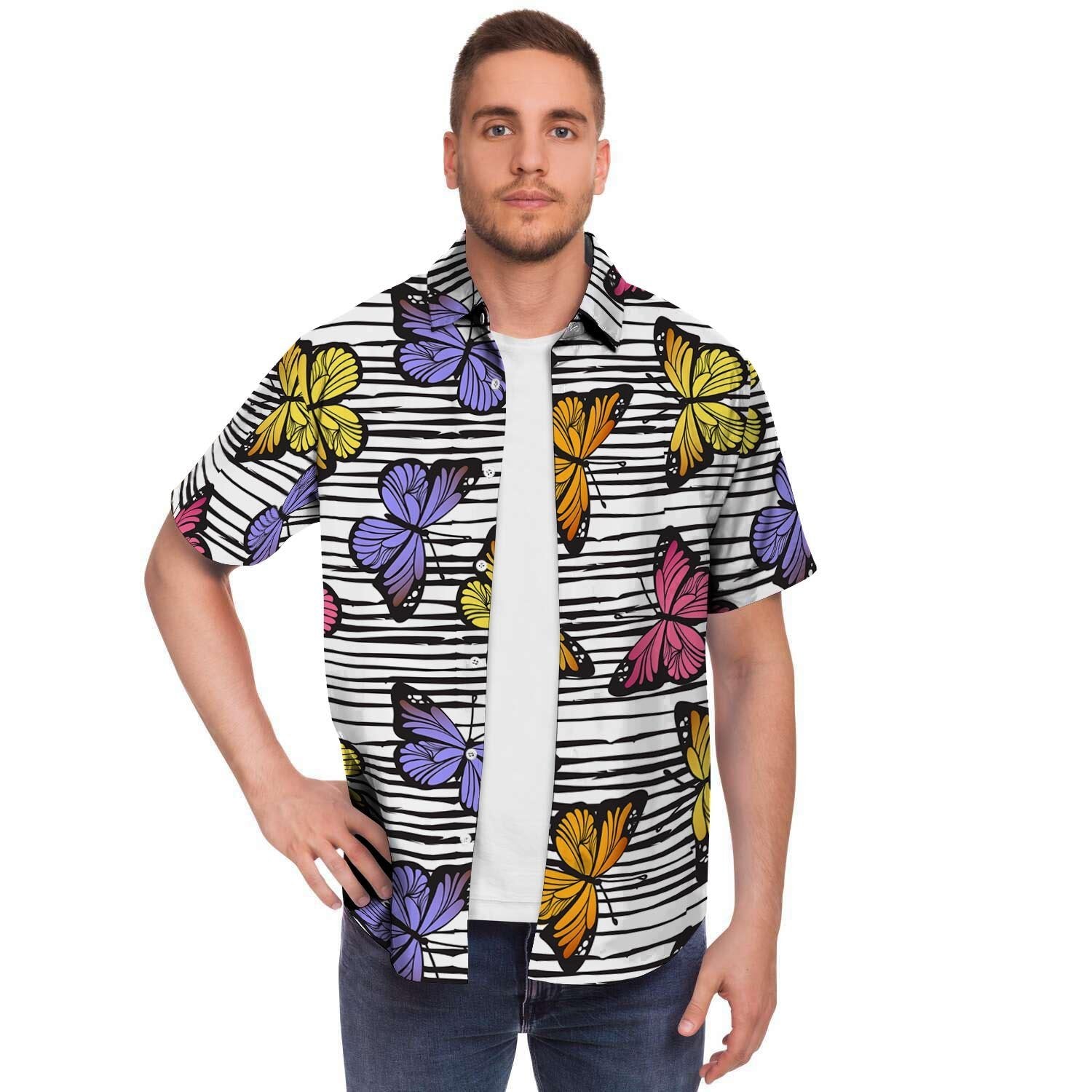 Striped Butterfly Print Men's Short Sleeve Shirt-grizzshop