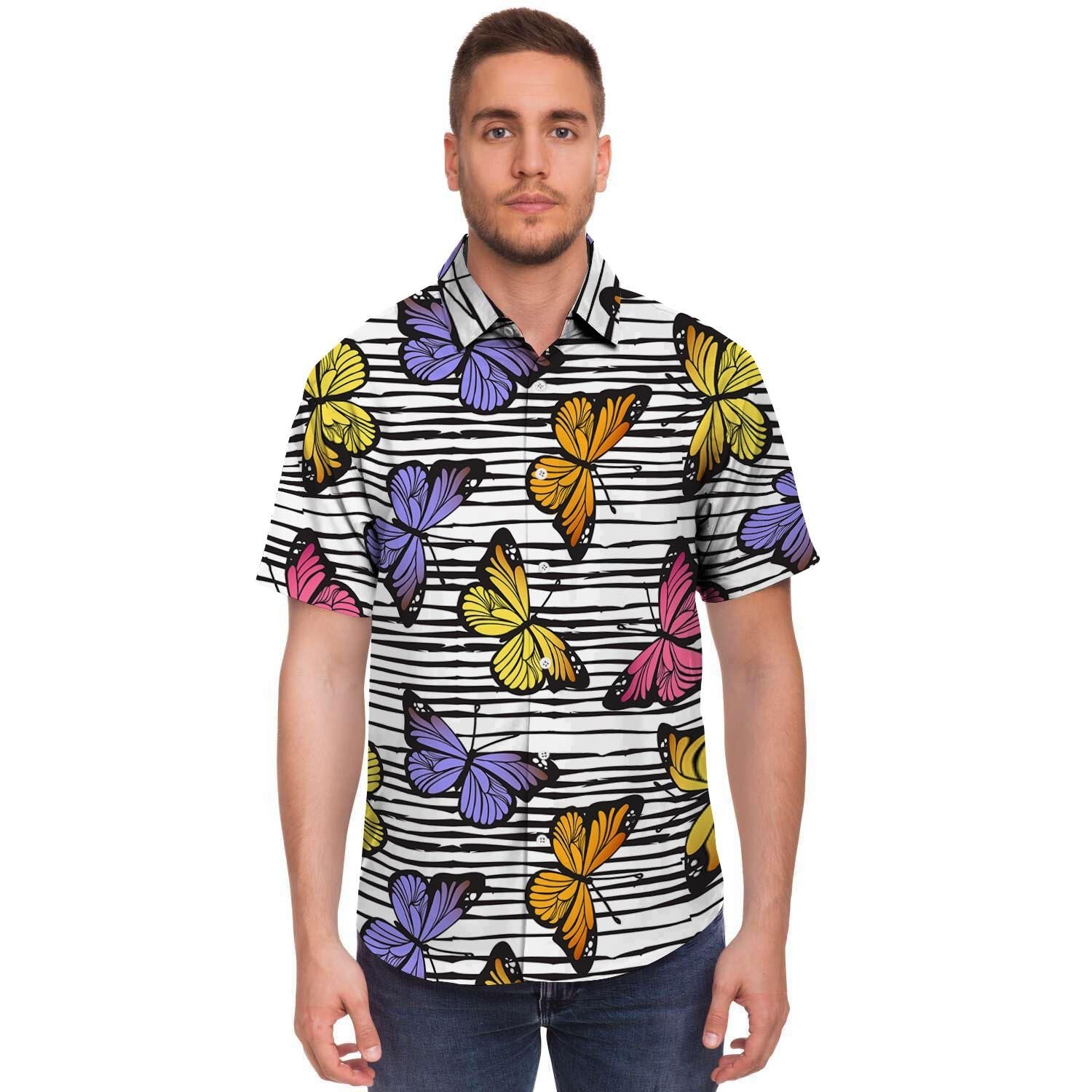 Striped Butterfly Print Men's Short Sleeve Shirt-grizzshop