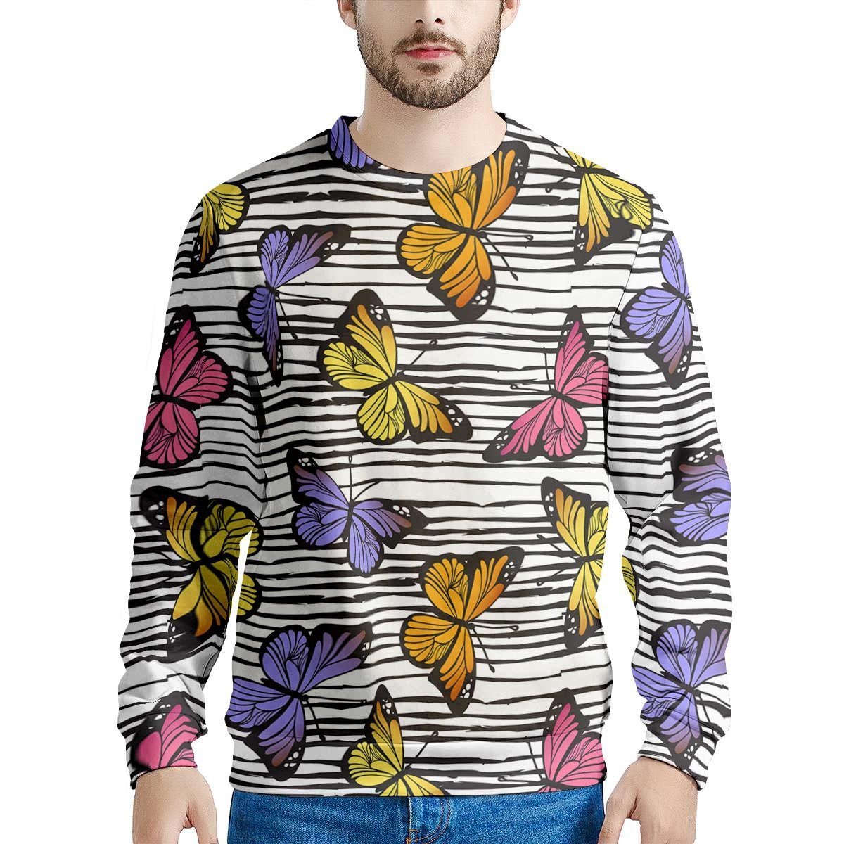 Striped Butterfly Print Men's Sweatshirt-grizzshop