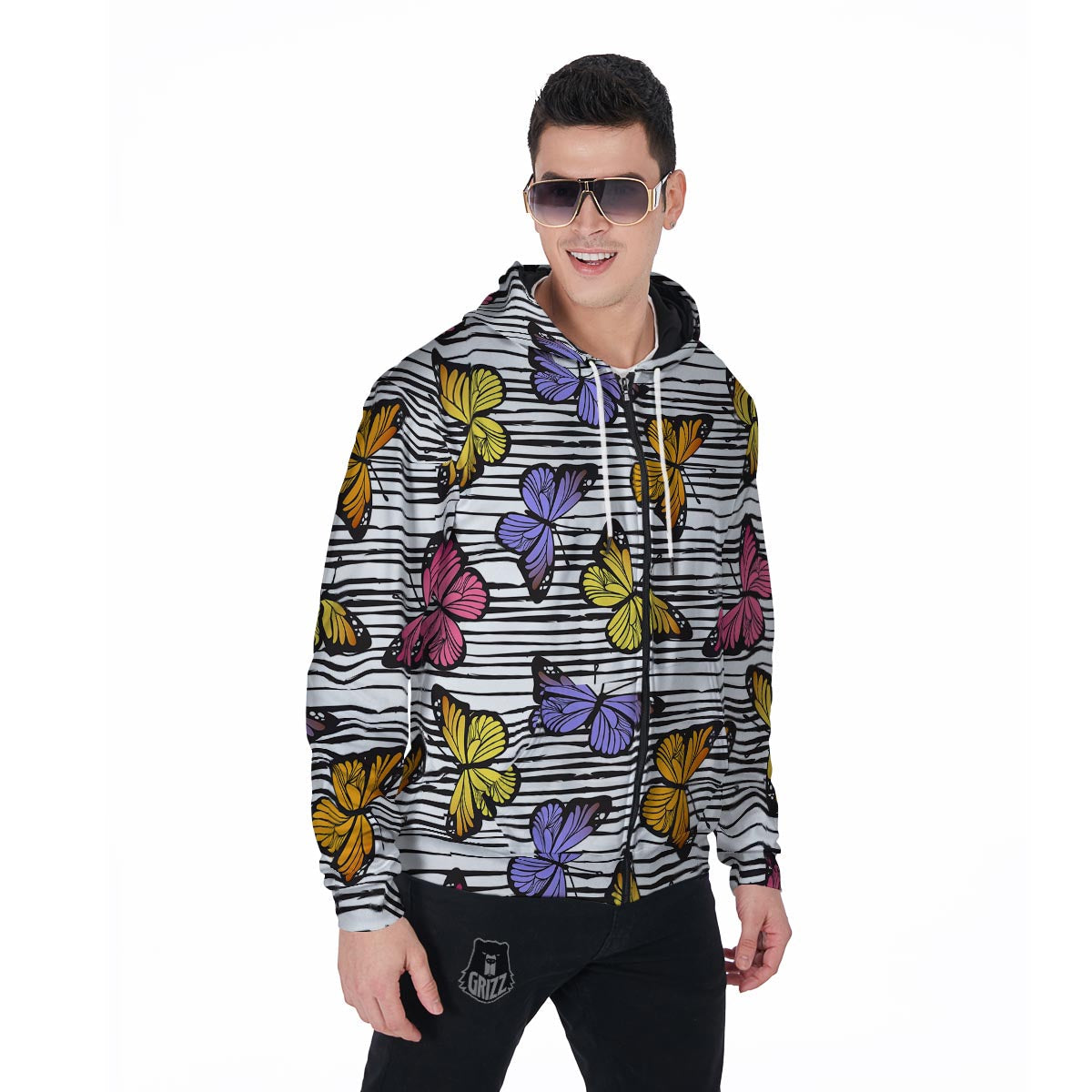 Striped Butterfly Print Men's Zip Up Hoodie-grizzshop