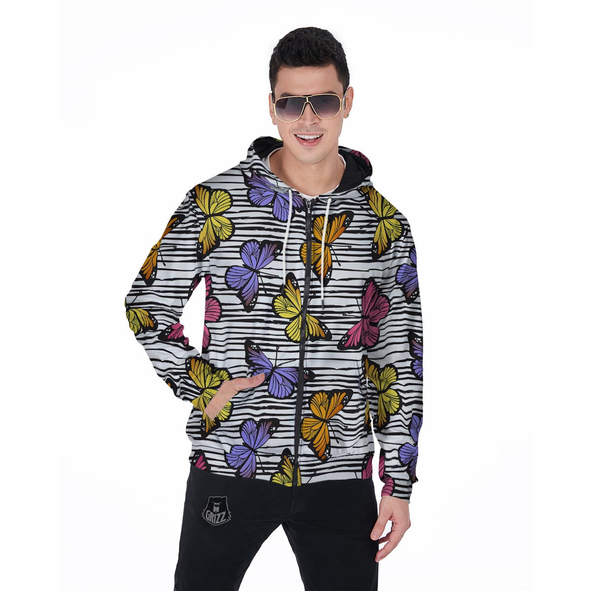 Striped Butterfly Print Men's Zip Up Hoodie-grizzshop