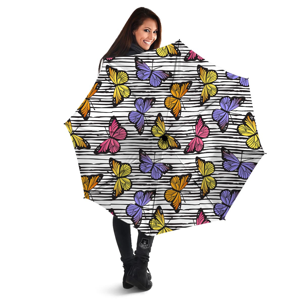 Striped Butterfly Print Umbrella-grizzshop