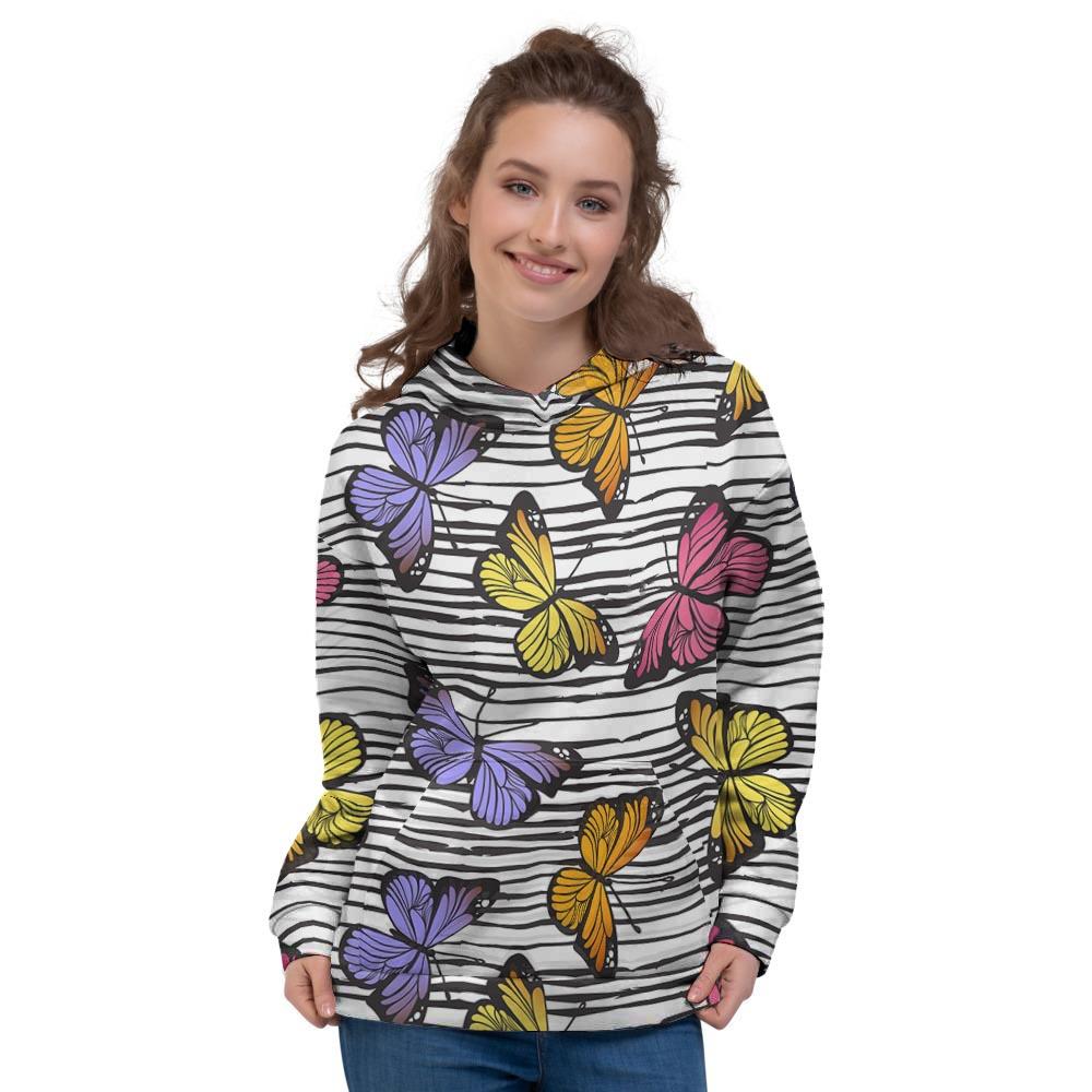 Striped Butterfly Print Women's Hoodie-grizzshop