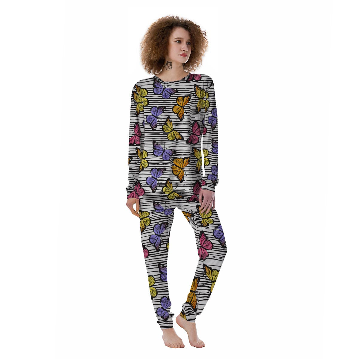 Striped Butterfly Print Women's Pajamas-grizzshop