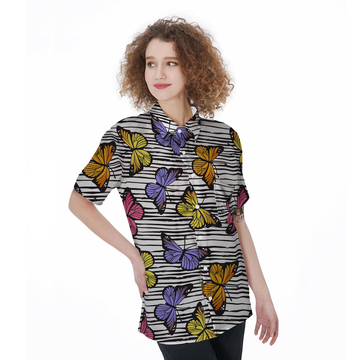 Striped Butterfly Print Women's Short Sleeve Shirts-grizzshop