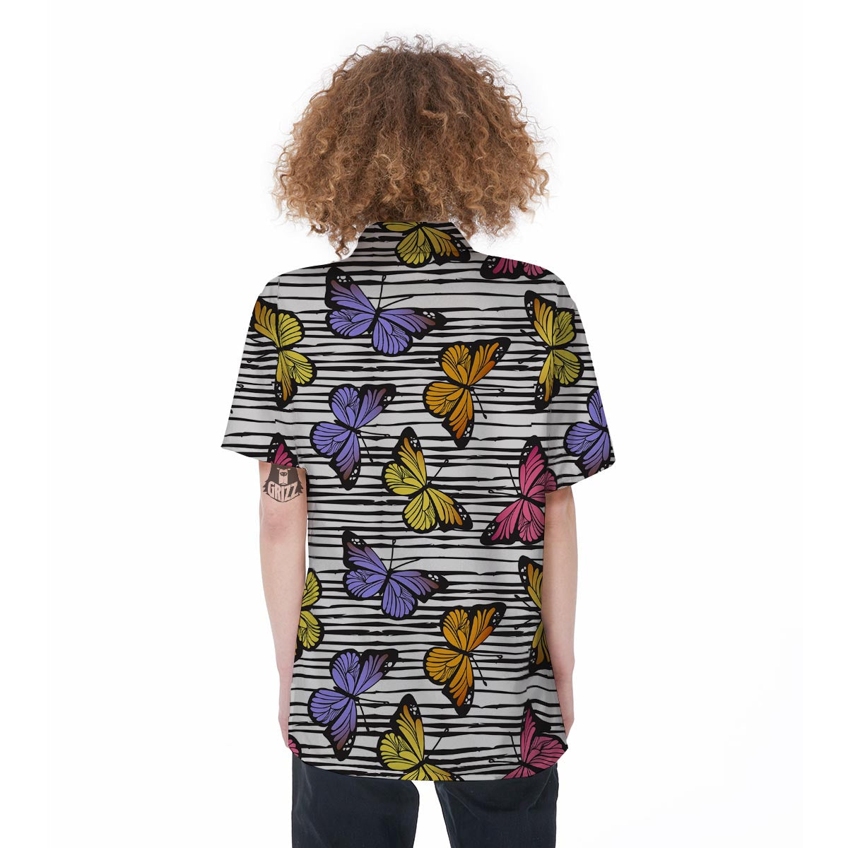 Striped Butterfly Print Women's Short Sleeve Shirts-grizzshop